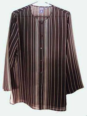 SHEER BLOUSE, LONG SLEEVES, BLACK & GOLD, MISSES 14, FINE VERTICAL STRIPES, SEE